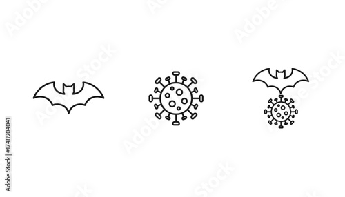 Bat carrier of coronavirus vector icon set. Zoonotic disease transmission concept. Animal to human virus origin. Pandemic, Covid-19, virology line art illustration symbol.