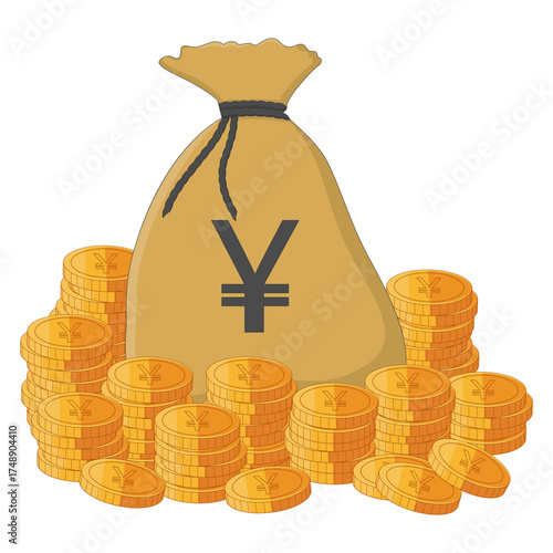 Money bag with the Yen or Yuan symbol, overflowing with stacks of golden coins representing wealth, savings, and financial success
