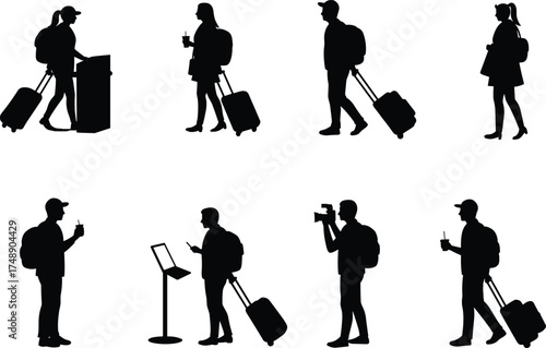 Traveler silhouettes, airport scene, luggage pulling, backpackers, digital kiosk interaction, travel lifestyle, waiting passengers, modern transit, global journey, airport terminal, travel moments