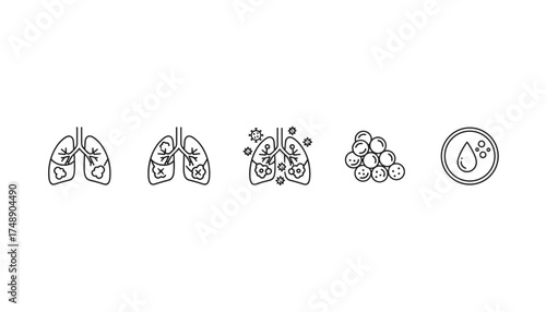 Pneumonia and Lung Infection Vector Set, Thin Line Medical Icons Showing Healthy vs Diseased Lungs, Bacteria, Virus, and Fluid, Respiratory Illness Concept Illustration for Healthcare