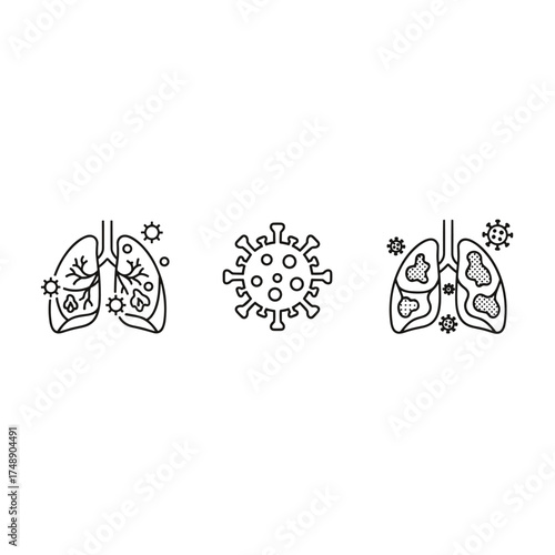 Pneumonia lung infection respiratory disease virus inflammation medical vector icons set showing human lungs with viral particles and infection signs outline style