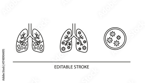Pneumonia related medical vector set, thin line icons, respiratory illness symbols, healthcare elements, lung infection illustration, disease treatment, medical outline graphics collection