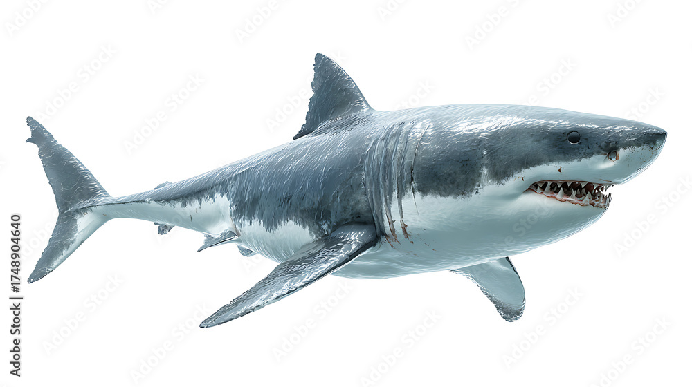 Fototapeta premium Shark with gray-blue skin glides through white space, its streamlined body and sharp teeth visible.