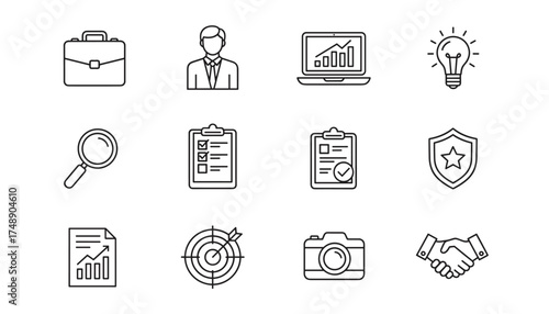 Business and Marketing Vector Icons Set with Briefcase, Manager, Laptop Analytics, Light Bulb Idea, Checklist, Shield, Document, Target, Camera, and Handshake Symbols for Portfolio and Demonstration
