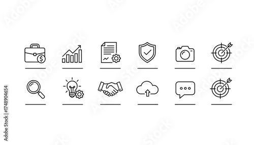 Business and Portfolio Icons Set with Growth Graph, Security Shield, Target, Handshake, Cloud Upload, and Communication Symbols for Professional and Marketing Use
