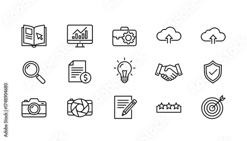 Set of Business and Technology Vector Icons for Portfolio Demonstration, Digital Marketing, Cloud Upload, Security, Photography, Concept Ideas, Agreement, and Target Achievement