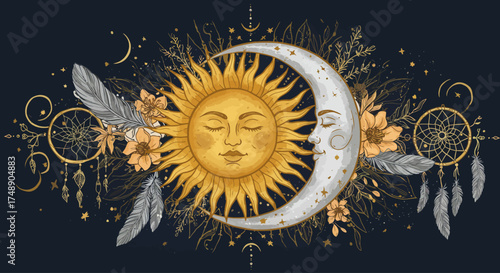 Golden Sun and Moon Illustration Celestial Boho Aesthetic