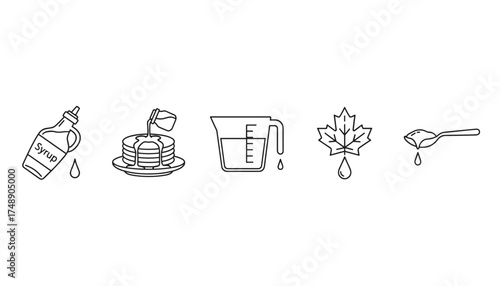 Thin Line Vector Set of Pouring Syrup Icons, Maple Leaf, Pancakes, Measuring Cup and Spoon with Dripping Drops, Gourmet Food Ingredients, Breakfast and Sweet Flavor Concept