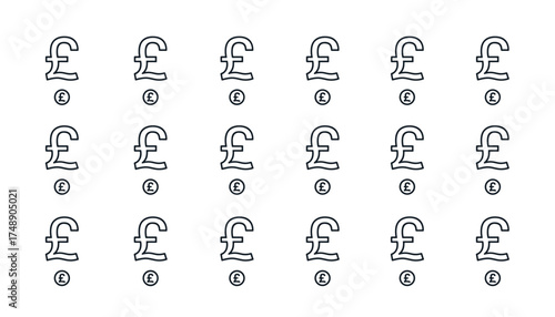 Set of British Pound Currency Symbols, Finance Icons, Money and Currency Outline Glyphs, UK Pound Sterling Symbols, Banking and Economy Vector Collection