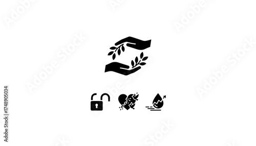 Vector set of glyph icons representing the power of forgiveness, healing, emotional release, compassion, and spiritual growth, hand-drawn style, symbolic forgiveness concepts
