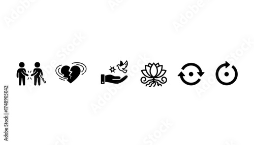 Ordered vector set illustrating the power of forgiveness with glyph style icons, symbols representing healing, compassion, emotional release, and reconciliation concepts for mental wellness and peace