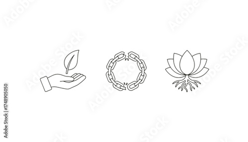 Set of vector icons representing the power of forgiveness with hand holding leaf, broken chain circle symbolizing liberation and lotus flower with roots, spiritual growth and healing concept