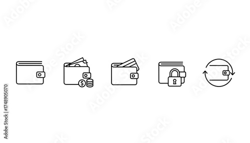 Personal wallet icon set, thin line style, ordered vector collection of minimalist purse symbols, digital finance, money management, payment, secure wallet graphics