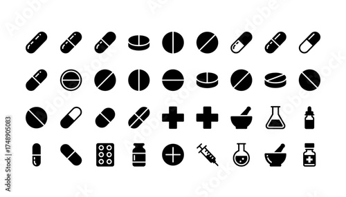 Black solid vector set of medical pills capsules tablets pharmacy icons, pharmaceutical symbols including medicines, syringe, cross, flask and mortar for healthcare