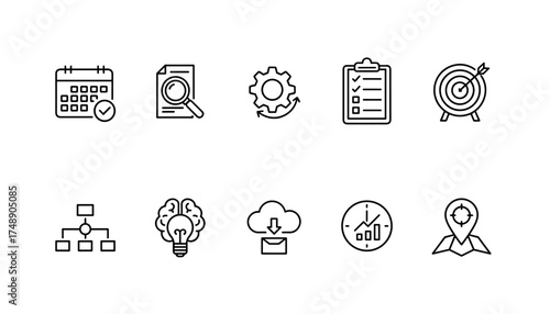 Ordered vector set of planning and organization icons, line style illustrations, project management symbols, workflow design elements, strategy and business planning visuals