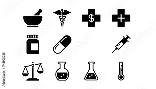 Comprehensive pharmacy vector icon set, medical glyph collection, healthcare symbols, pharmaceutical illustrations, prescription, medicine, health services, drugstore icons, vector design elements