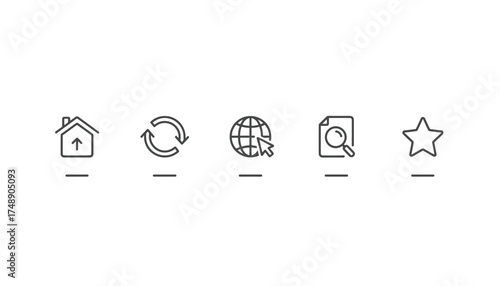 Modern vector icon set with homepage, refresh, internet, search, and favorite symbols. Thin line art for web design, user interface (UI), and navigation elements. Digital concepts.