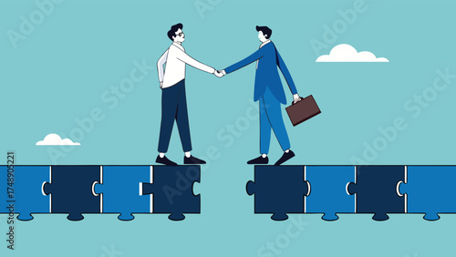 make business deals to achieve business goal with two business people shaking hands to connect puzzle bridge, agreement to achieve business success

