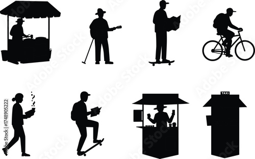 urban lifestyle, street activity, food cart, skateboard reading, guitar walking, newspaper on skateboard, bicycle commute, kiosk vendor, city scene, leisure, silhouette