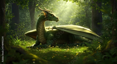 Majestic Green Dragon Resting in Enchanted Forest Scene
