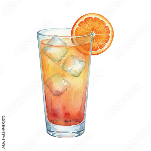 Watercolor Orange Slice Cocktail in Tall Glass on White Background
