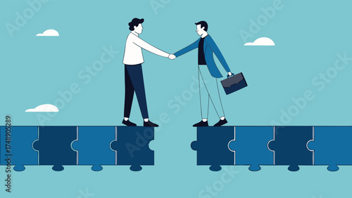 make business deals to achieve business goal with two business people shaking hands to connect puzzle bridge, agreement to achieve business success

