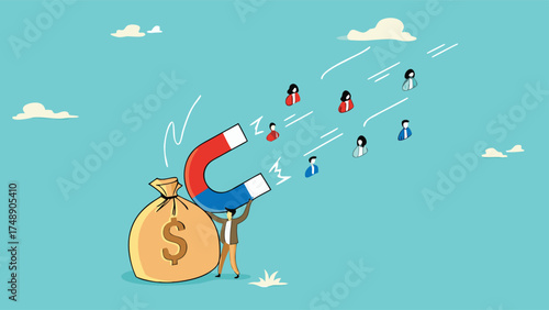 Customer acquisition cost or CAC, marketing expense on customer retention, advertising cost for lead generation, businessman uses magnets with dollar costs to attract customers

