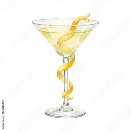 Watercolor Martini Glass with Lemon Twist on White Background
