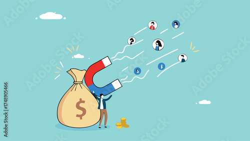 Customer acquisition cost or CAC, marketing expense on customer retention, advertising cost for lead generation, businessman uses magnets with dollar costs to attract customers


