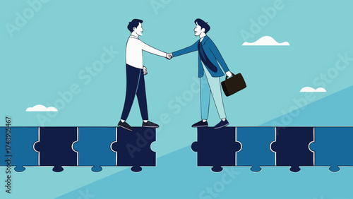 make business deals to achieve business goal with two business people shaking hands to connect puzzle bridge, agreement to achieve business success

