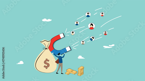 Customer acquisition cost or CAC, marketing expense on customer retention, advertising cost for lead generation, businessman uses magnets with dollar costs to attract customers


