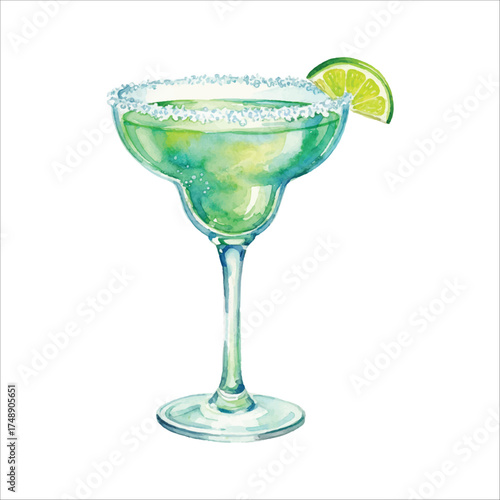 Watercolor Hand-Painted Margarita Glass with Lime on White Background
