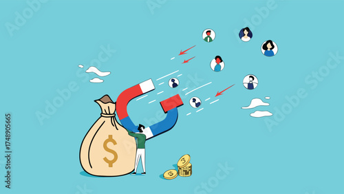 Customer acquisition cost or CAC, marketing expense on customer retention, advertising cost for lead generation, businessman uses magnets with dollar costs to attract customers

