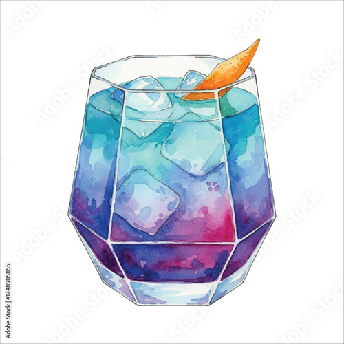 Watercolor Geometric Modern Glass Blue and Purple Cocktail on White Background
