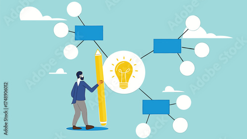 business idea description map, strategy or plan to solve business problems, decision making concept, businessman writing mind map diagram for easy understand concept vector illustration

