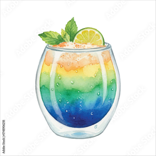 Watercolor Double-Wall Insulated Glass Rainbow Cocktail with Mint and Lime
