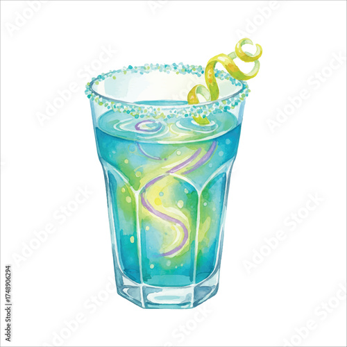 Watercolor Glow-in-the-Dark Blue Cocktail Glass with Spiral Straw on White Background
