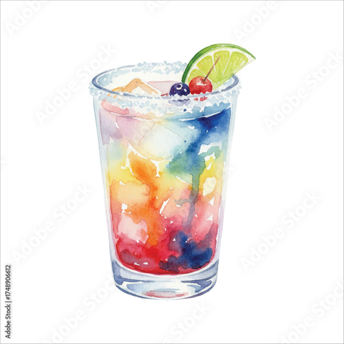 Watercolor Frosted Glass Rainbow Cocktail with Lime on White Background
