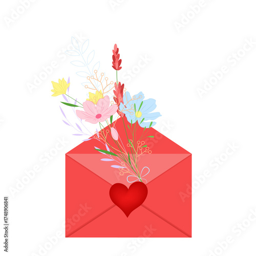 A red envelope with a red heart, filled with colorful wildflowers in pink, yellow, blue, and red.