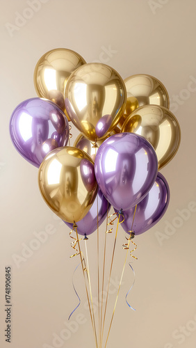A bunch of shiny gold and purple metallic balloons tied together with ribbons against a neutral background.