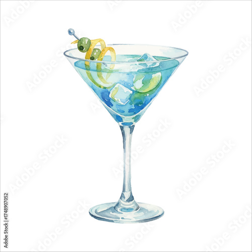 Watercolor Stemless Martini Glass with Lemon Twist Cocktail on White Background
