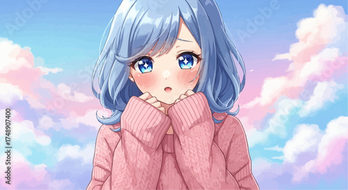 Blue-haired anime girl with shy expression, soft and emotional character design with pastel tones