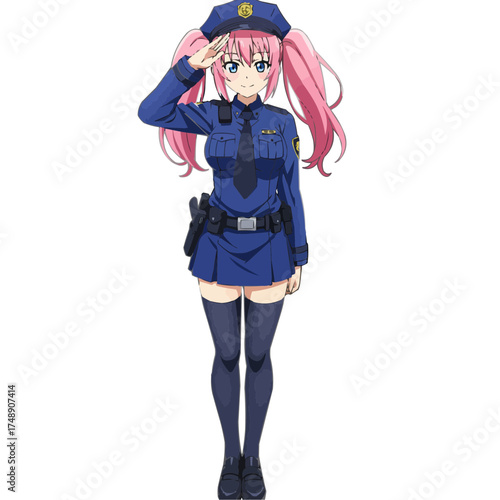 Pink-haired anime police girl saluting with confidence, cute law enforcement character design illustration