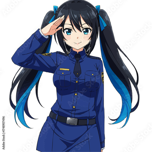 Anime police officer with long black hair saluting confidently, female law enforcement character in blue uniform