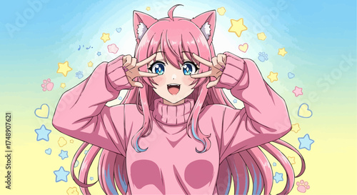 Cute pink-haired anime girl smiling and posing playfully with cat ears, cheerful kawaii character illustration