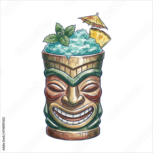 Watercolor Tiki Mug Ceramic Tropical Cocktail with Mint and Ice on White Background
