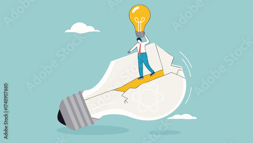 changing business strategies or ideas, move on to new business opportunities for career success, businessman flying leaving broken light bulb using new light bulb idea concept vector illustration

