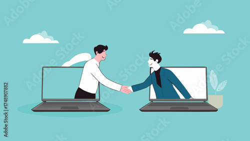 business to business illustration with the concept of two business people shaking hands to agreement, B2B marketing concept, business collaboration


