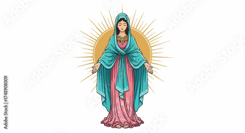 Religious illustration of the Virgin of Guadalupe surrounded by radiant golden light, sacred Christian art symbolizing faith and devotion