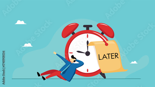 Procrastination or wasting work time with businessman sleeping leaning on an alarm clock with the word later written on paper sticky notes, delaying work or wasting time, laziness to do a task or job
